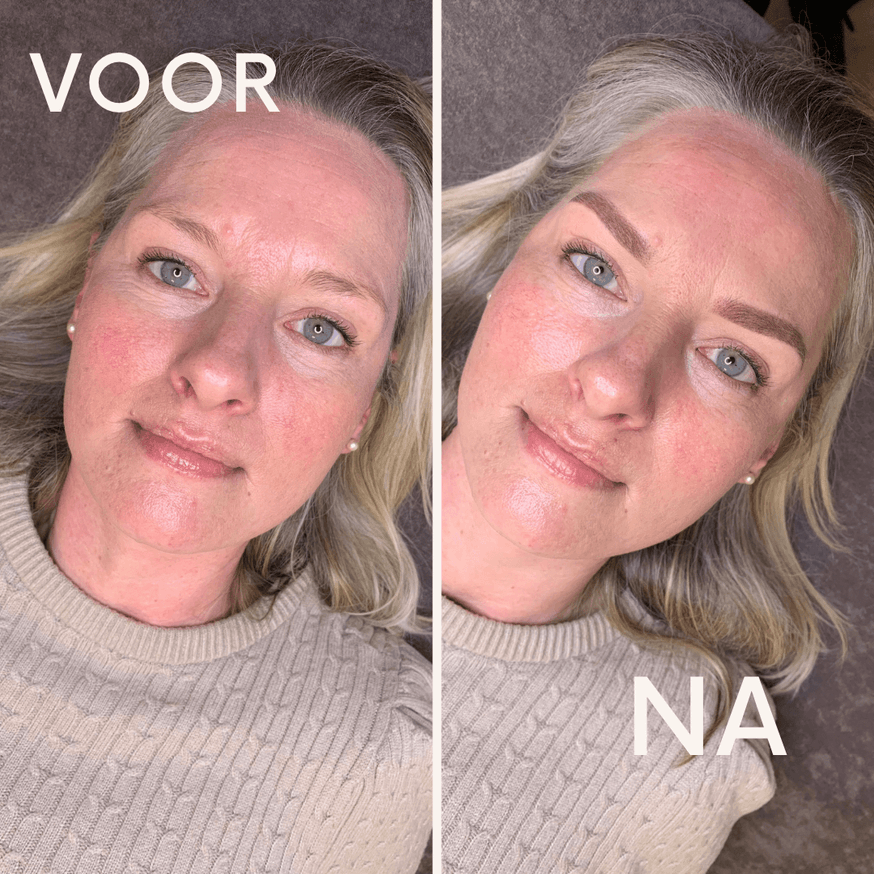 Voor en na permanente make-up: links de eigen wenkbrauwen, rechts het resultaat na de behandeling