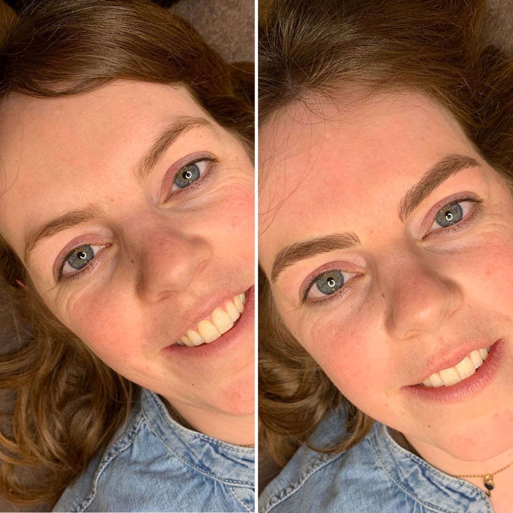 Voor en na permanente make-up bij dezelfde klant: links zonder, rechts met PMU-wenkbrauwen